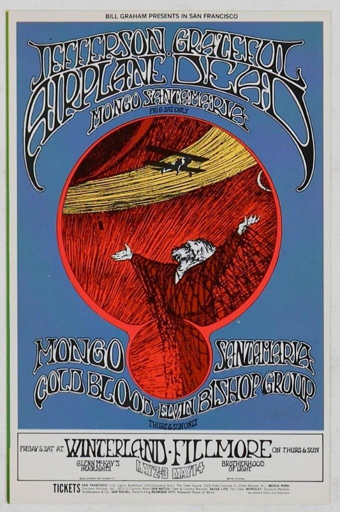 1969 BG-171 Grateful Dead Jefferson Airplane Fillmore West Signed Tuten Postcard Near Mint 89: This postcard is signed by the artist, Randy Tuten! Jefferson Airplane and the Grateful Dead at the Fillmore West in 1969. Original Postcards such as this are recognized with two of the biggest band