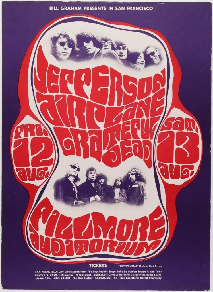 1966 BG-23 Jefferson Airplane Grateful Dead Fillmore Auditorium Poster Excellent 75: This is the Original Pre-Concert OP-1-A version of this incredible poster! As history reflects, the Jefferson Airplane and Grateful Dead were the two top bands of the San Francisco psychedelic