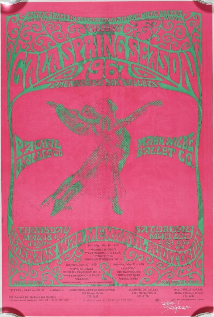 1967 Bob Schnepf Pacific Ballet Co. Gala Veterans War Memorial Signed Schnepf Poster Mint 91: This poster is signed by the artist, Bob Schnepf! This double-sided psychedelic-style poster announced "Gala Spring Season" at the Veterans War Memorial Auditorium in May 1967. The event