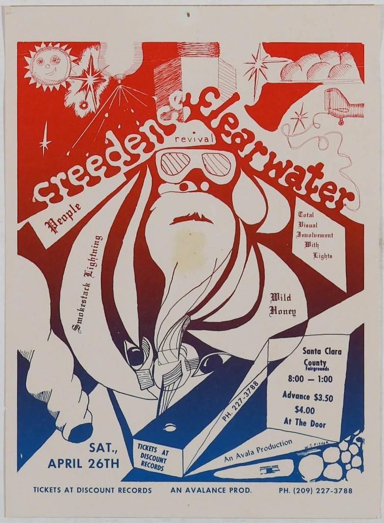 1969 Creedence Clearwater Revival Santa Clara County Fairgrounds Handbill Excellent 75: This original handbill promoted Creedence Clearwater Revival's April 1969 appearance at the Santa Clara County Fairgrounds. They were joined by Smokestack Lightning and Wild Honey. Songs by