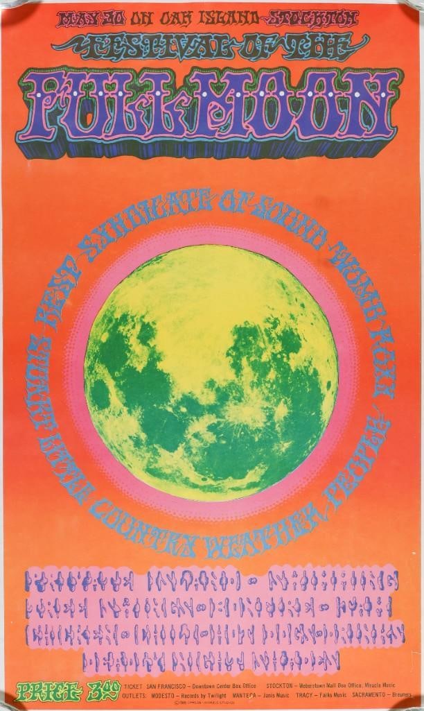 1969 AOR-3.25 Festival of the Full Moon Country Weather Oak Island Poster Excellent 77: Country Weather is one of the most underrated bands of the era. They didn't sign to a record label or release any albums, but they had a strong following of fans (including Chet Helms). The band