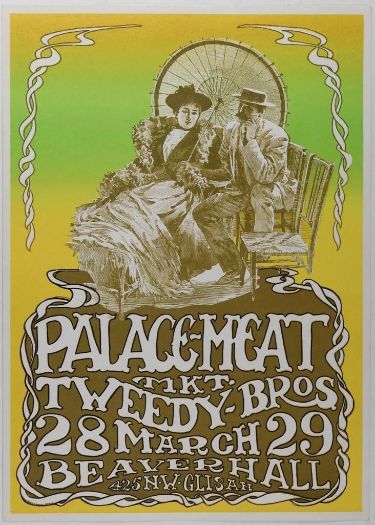 1969 The Tweedy Brothers Beaver Hall Poster Near Mint 87: Here we are offering a rare Pacific Northwest poster from 1969! This one advertises Palace Meat Mkt and the Tweedy Brothers at Portland's Beaver Hall. Original posters from the Pacific Northwest