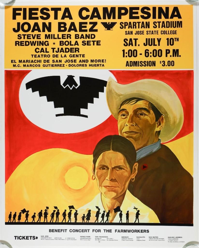 1971 AOR-4.106 Joan Baez Fiesta Campesina Spartan Stadium Poster Near Mint 89: This poster was produced for Fiesta Campesina, an event held at Spartan Stadium at San Jose State College in July 1971 as a benefit concert for farmworkers. Performers included Joan Baez, the Steve Mi
