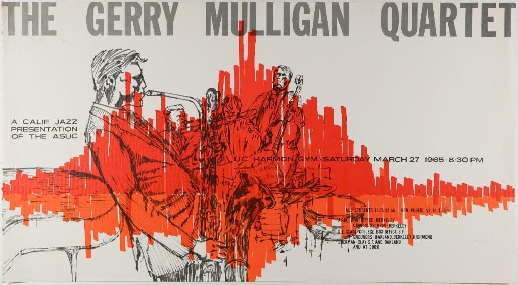 1965 Gerry Mulligan Quartet UC Berkeley Harmon Gym Extra Fine 69: This great-looking design was created to promote the Gerry Mulligan Quartet's appearance at the Harmon Gym at UC Berkeley on March 27th, 1965. Condition Details: Staple holes, textured