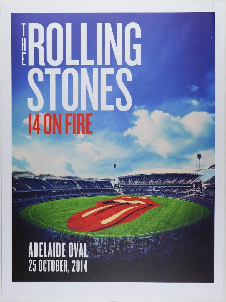2014 Rolling Stones The Adelaide Oval Poster Near Mint 80: This poster was produced for The Rolling Stones' October 2014 appearance at the Adelaide Oval in Adelaide, Australia. It was a stop on the band's "14 On Fire" tour. Condition Details:
