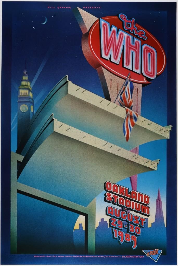 1989 BGP-32 The Who Oakland Stadium Poster Mint 93: This poster was designed for The Who appearing at Oakland Stadium in August 1989. The colorful design was a collaboration piece produced by three artists: Randy Tuten, William Bostedt, and Jerry
