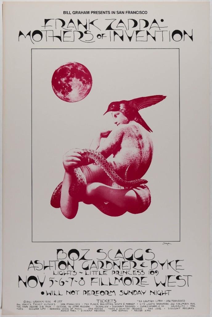 1970 BG-255 Frank Zappa & Mothers of Invention Boz Scaggs Fillmore West Poster Near Mint 83: Frank Zappa collectibles are always hotly competed for by collectors worldwide who appreciate this unique artist. This Fillmore West poster is as unique as the artist himself! Boz Scaggs, Ashton
