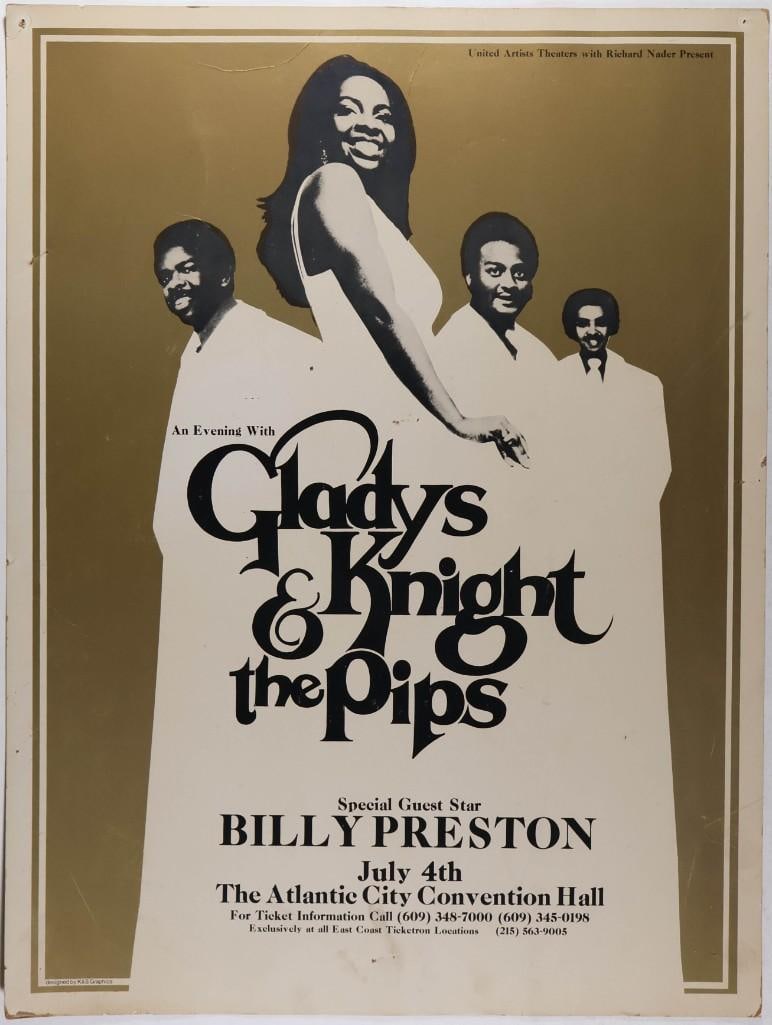 1974 Gladys Knight & The Pips Atlantic City Convention Hall Cardboard Poster Excellent 73: This original cardboard poster was produced for Gladys Knight & The Pips appearing at the Atlantic City Convention Hall on July 4th, 1974. Condition Details: Cardboard. Tackholes, staple