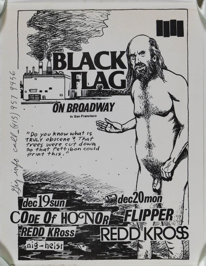 1982 Black Flag On Broadway San Francisco Flyer Extra Fine 69: This original punk flyer was created for Black Flag playing at On Broadway in San Francisco for two nights in December 1982, with Red Kross, Code of Honor, Nig-Heist, and Flipper. The design, as well