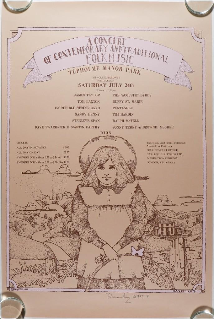 1971/1999 James Taylor Concert of Contemporary Folk Music Tupholme Manor Park LE RP Near Mint 89: This limited-edition reprint poster is numbered 267/750. This is a second-printing poster printed in 1999 to commemorate "A Concert of Contemporary Folk Music", an event held at Tupholme