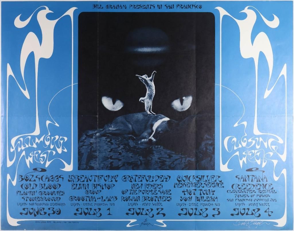 1971 BG-287 Closing of the Fillmore West RP2 Record Insert Signed Singer Poster Extra Fine 65: This poster is signed by the artist, David Singer! This RP-2 printing was an insert that came with the record for the LP Closing of Fillmore West. The closing of the Fillmore was a huge milestone in