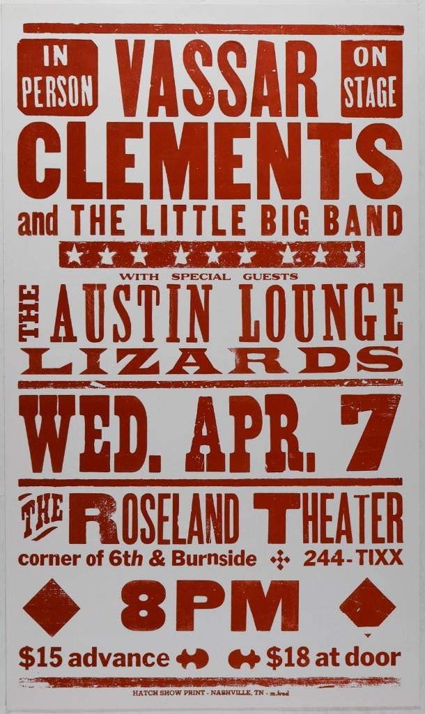 1999 Vassar Clements Roseland Theater Poster Excellent 75: This poster announced Vassar Clements and the Little Big Band playing at Portland's Roseland Theater on April 7th, 1999. It was printed by Hatch Showprint in Nashville, TN. Hatch is the most