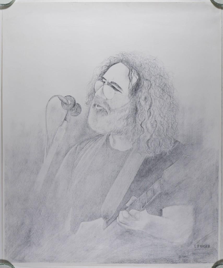 Jerry Garcia Print Excellent 77: This beautiful print features a portrait sketch of the late, great Jerry Garcia. Condition Details: Handling --CRITICAL DETAILS-- --TITLE Jerry Garcia Print --GRADE Excellent 77 --SIZE 23.00 x 27.38