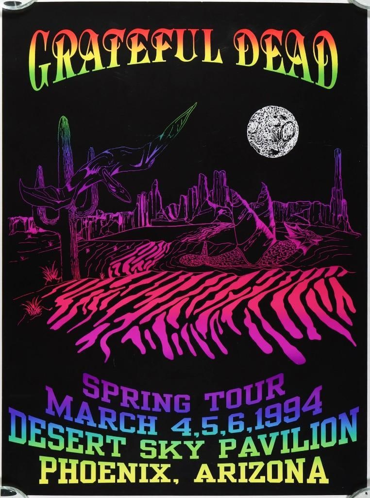 1994 Grateful Dead Desert Sky Pavilion Unofficial Art Poster Excellent 73: This is an unofficial tour poster produced for the Grateful Dead's 1994 Spring Tour stop at Desert Sky Pavilion in Phoenix, Arizona. Condition Details: Unofficial art. Handling --CRITICAL