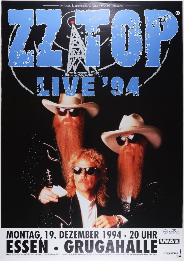 1994 Grugahalle ZZ Top Essen Grugahalle Poster Near Mint 85: This 1994 poster was produced for ZZ Top's appearance in Essen, Germany at Grugahalle. The show was a stop on the band's tour in support of their album Antenna, which was