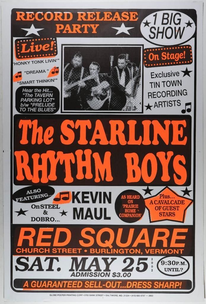 2002 Starline Rhythm Boys Red Square Burlington VT Near Mint 81: This poster was produced for the Starline Rhythm Boys Record Release Party at Red Square in Burlington, Vermont, on May 25th, 2002. It was printed by Globe Poster! From its opening in 1929