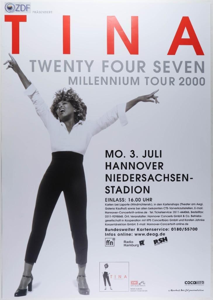 2000 Tina Turner Niedersachsen-Stadion Hannover Poster Near Mint 89: This poster announced a stop on Tina Turner's Twenty Four Seven Millennium Tour on Monday, July 3, 2000, at the Niedersachsen-Stadion in Hannover, Germany. --CRITICAL DETAILS-- --TITLE Tina