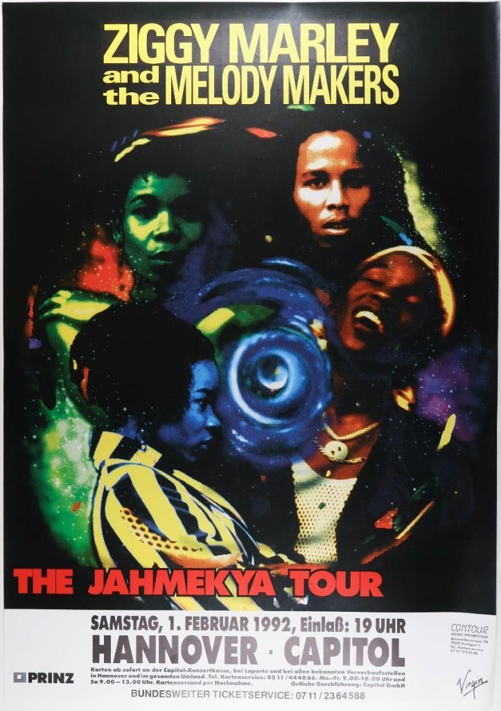 1992 Ziggy Marley and the Melodymakers Hannover Poster Excellent 79: This poster announced Ziggy Marley and the Melodymakers at Capitol in Hannover, Germany, on February 1st, 1992. The event was a stop on The Jahmekya Tour. Condition Details: Handling --CRITICAL