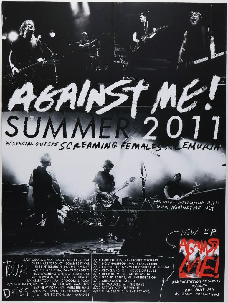 2011 Against Me Summer Tour Poster Extra Fine 69: This poster announced tour dates for the legendary punk band Against Me! in the Summer of 2011. They toured with Screaming Females and Lemuria. Condition Details: Factory folded into 1/6s --CRITICAL