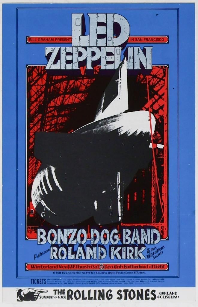 1969 BG-199 Led Zeppelin Rolling Stones Winterland & Oakland Coliseum Postcard Mint 91: An original first-printing postcard favorite of the BG series! Led Zeppelin is one of the most demanded groups for rock music collectibles. Very few advertisements were utilized for the band due to