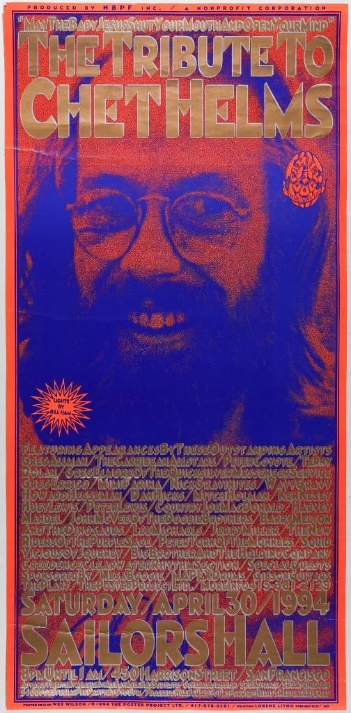 1994 Greg Allman Tribute to Chet Helms Sailors Hall Poster Extra Fine 67: This poster was designed by Wes Wilson for a tribute concert to Family Dog founder, Chet Helms, that took place at San Francisco's Sailor's Hall in April 1994. The event featured music from St