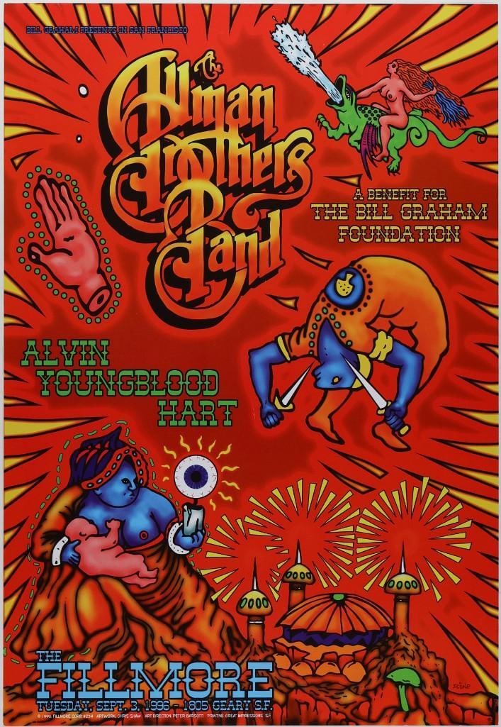 1996 NF-234 Allman Brothers Band The Fillmore Poster Near Mint 81: The Allman Brothers Band has taken on many incarnations in its incredible 45-year lifespan. Here we have the legendary group appearing at a benefit for the Bill Graham Foundation along with Alvin