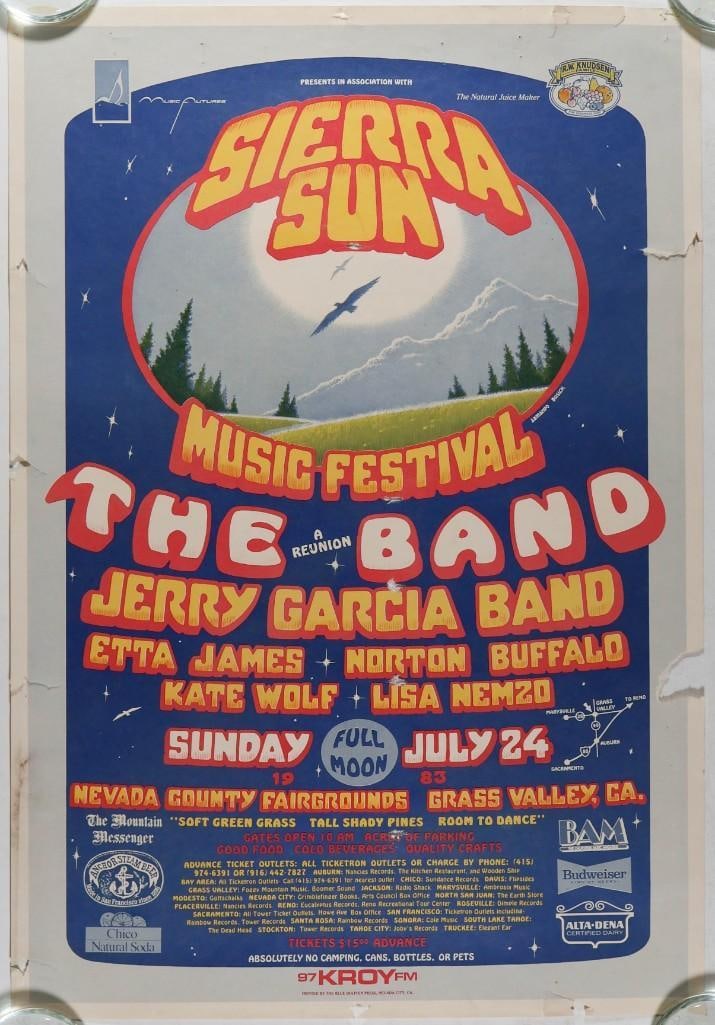 1983 Jerry Garcia Band The Band Sierra Sun Music Festival Poster Extra Fine 61: This poster was produced for the 1983 Sierra Sun Festival, held at the Nevada County Fairgrounds in Grass Valley, California, on July 24th of that year. A reunion of The Band was the headlining attrac