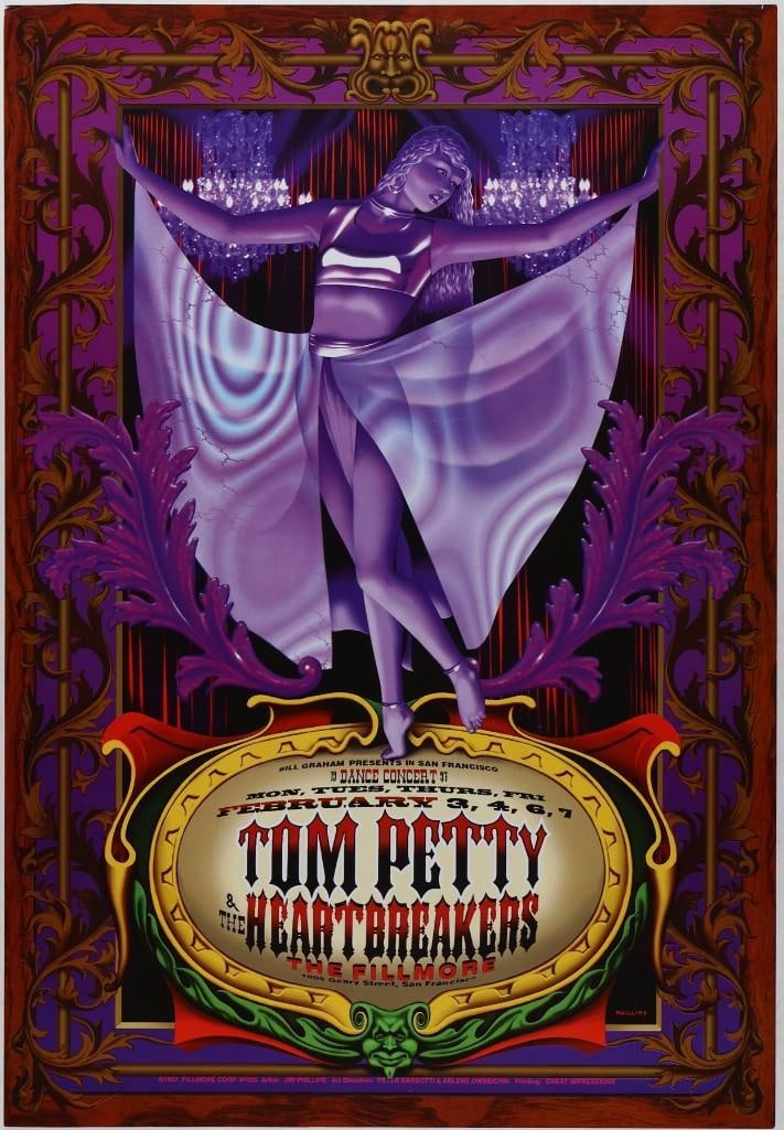 1997 NF-255 Tom Petty and the Heartbreakers The Fillmore Poster Excellent 75: Tom Petty & The Heartbreakers are featured on this Fillmore Original Poster from early 1997. Artist Jim Phillips created a series of posters to promote this long run of Petty shows at the venue.