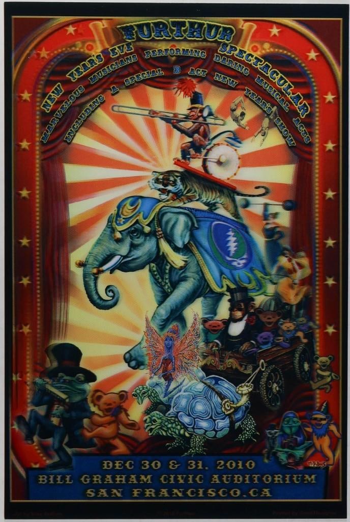 2010 Furthur NYE Bill Graham Civic Auditorium LE Lenticular Poster Near Mint 89: This limited-edition poster is numbered 426/700. This Lenticular Further poster from December 2010 promotes the band's pair of New Year's shows at the Bill Graham Civic Auditorium.