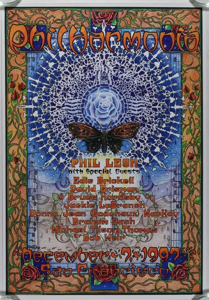 1997 Philharmonia Phil Lesh Bob Weir Bruce Hornsby San Francisco LE Poster Excellent 77: This limited-edition poster is numbered 634/1000. This poster by artist Michael Everett was produced for "Philharmonia", an event held in San Francisco on December 7th, 1997. The show