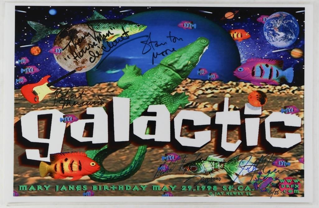 1998 Galactic San Francisco Band Signed LE Poster Laminated: This limited-edition poster is numbered 6/25 and signed by Galactic! This laminated. limited-edition issue of just 25 was created for Galactic playing in San Francisco on May 29th, 1998. Condition