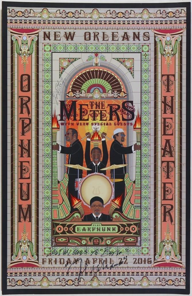 2016 The Meters Orpheum Theatre Signed Porter & Modeliste Poster Near Mint 87: This poster is signed by Meters members Zigaboo Modeliste and George Porter! This beautiful issue promoted The Meters appearing at the Orpheum Theater in New Orleans on April 22nd, 2016. It's