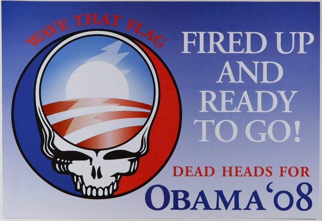 2008 Deadheads for Obama Poster Mint 91: This poster from 2008 promotes Deadheads' support of Obama for president in the historic election that took place that year! --CRITICAL DETAILS-- --TITLE Deadheads for Obama Poster --GRADE Mint