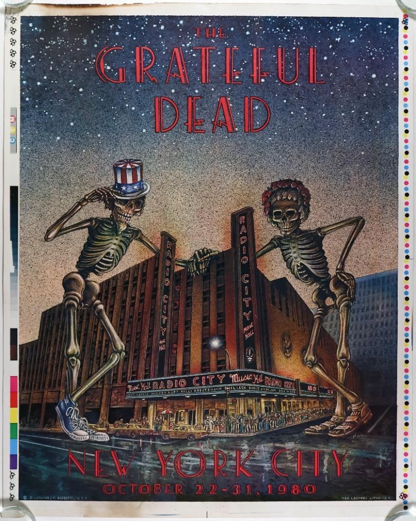 1980 Grateful Dead Radio City Music Hall Uncut Proof Poster Extra Fine 63: This original uncut proof poster was created for the famous Dead concerts in 1980 at Radio City Music Hall in New York City. The Grateful Dead's run of shows at Radio City are legendary and
