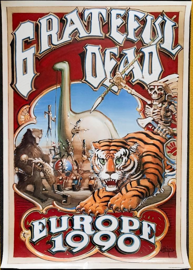 1990 Grateful Dead Europe Merchandising Poster Near Mint 83: This circus-themed design was conceived by Rick Griffin for the Grateful Dead's European tour in 1990. This poster is a merch poster featuring Griffin's beautiful artwork. A great opportunity 