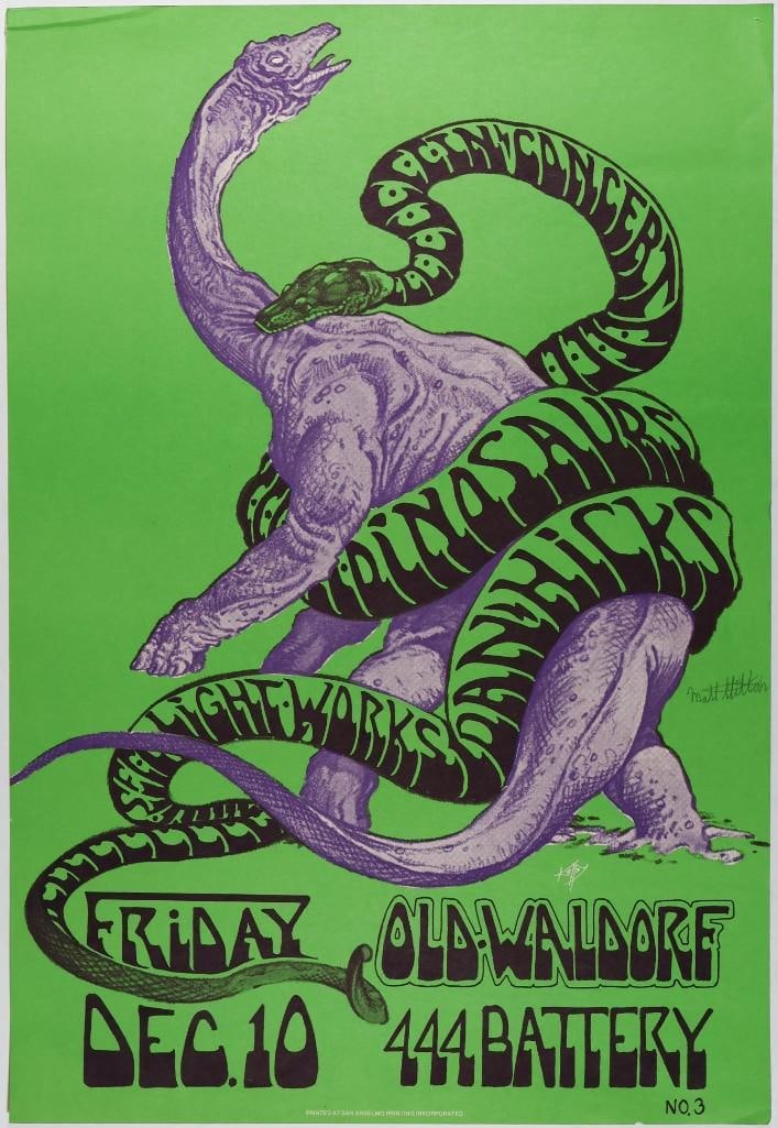 1982 Alton Kelley The Dinosaurs Dan Hicks The Old Waldorf San Francisco Signed Poster Excellent 75: This poster is signed. The late great Alton Kelley designed this original poster for The Dinosaurs and their appearance on December 10th 1982, at the Old Waldorf in San Francisco. Dan Hicks was in