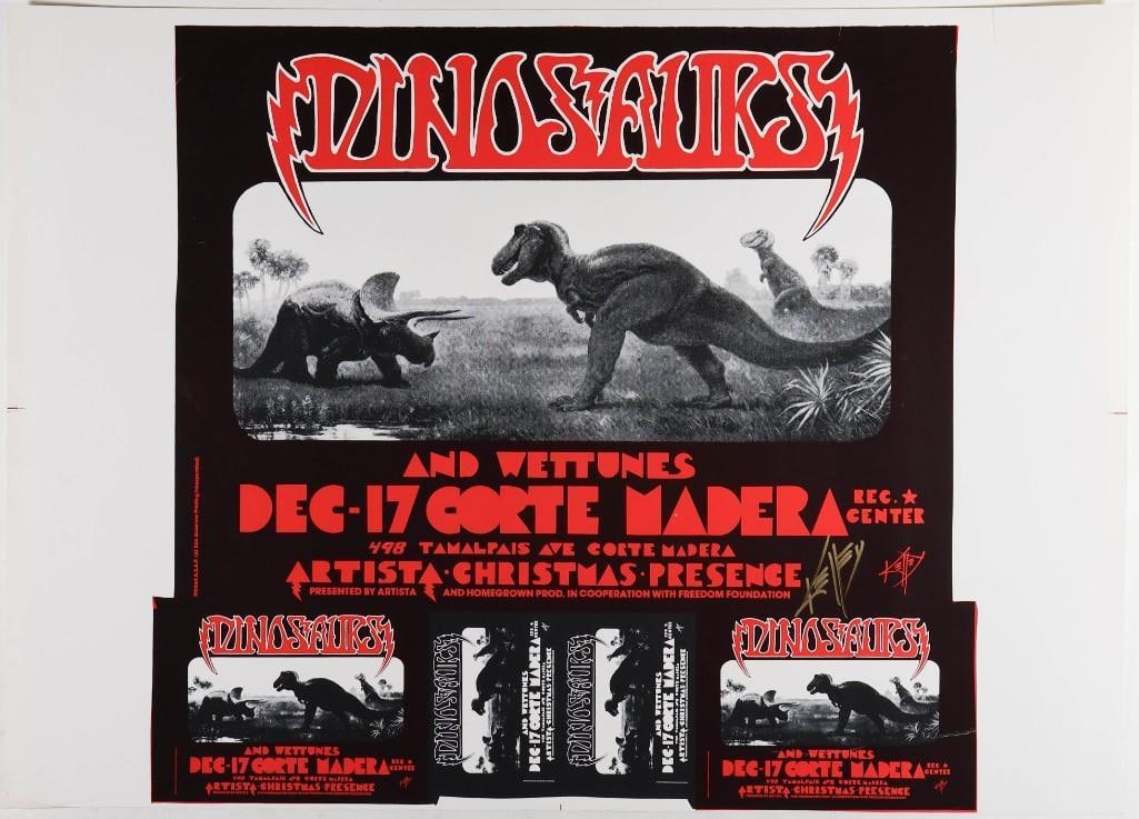 1982 The Dinosaurs Corte Madera Rec Center Signed Kelley Uncut Proof Sheet Excellent 79: This Uncut Proof Sheet is signed by the artist, Alton Kelley! The late great Alton Kelley designed this original poster for The Dinosaurs and their appearance on December 17th, 1982, at the