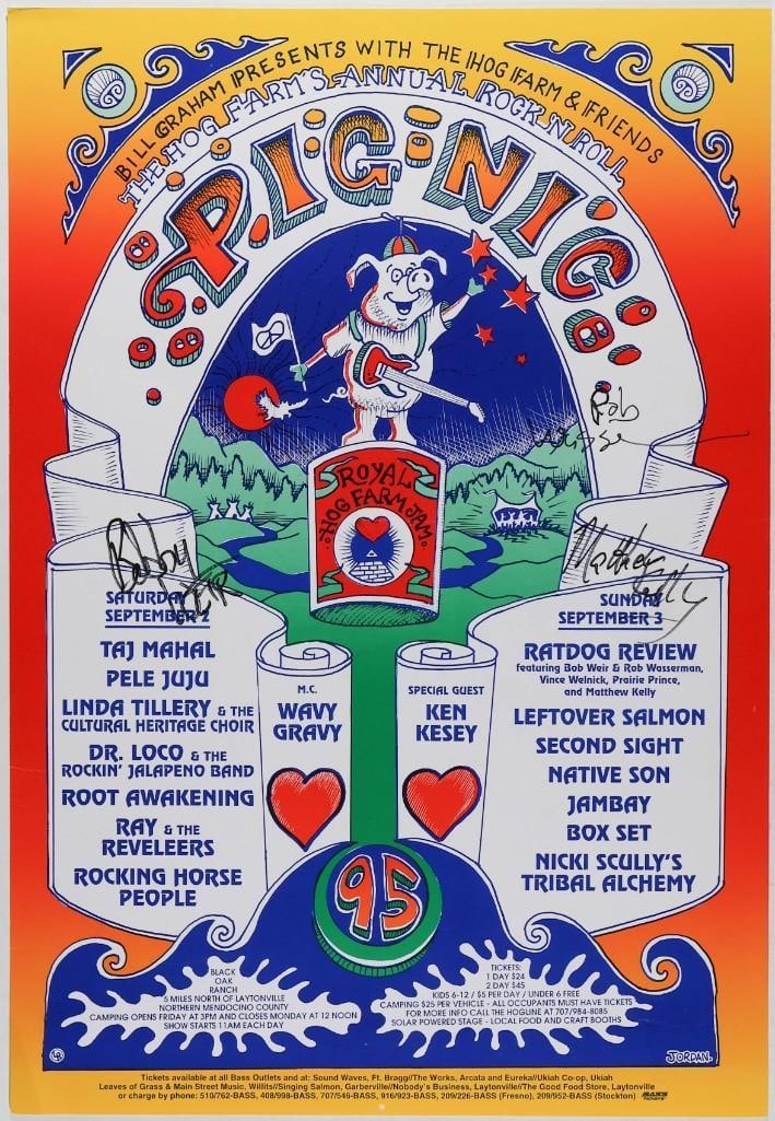 1995 Hog Farm Ratdog Taj Mahal Ken Kesey Black Oak Ranch Signed Bob Weir & More Poster Excellent 79: This poster is signed by Bob Weir, Rob Wasserman, and Matthew Kelly! Bands including Ratdog, Leftover Salmon, Taj Mahal, and more appeared Wavy Gravy’s Hog Farm “Pig Nic”
