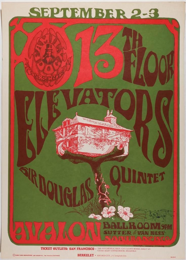 1966 FD-24 The 13th Floor Elevators Avalon Ballroom RP2 Signed Mouse Poster Near Mint 87 (1 of 2)