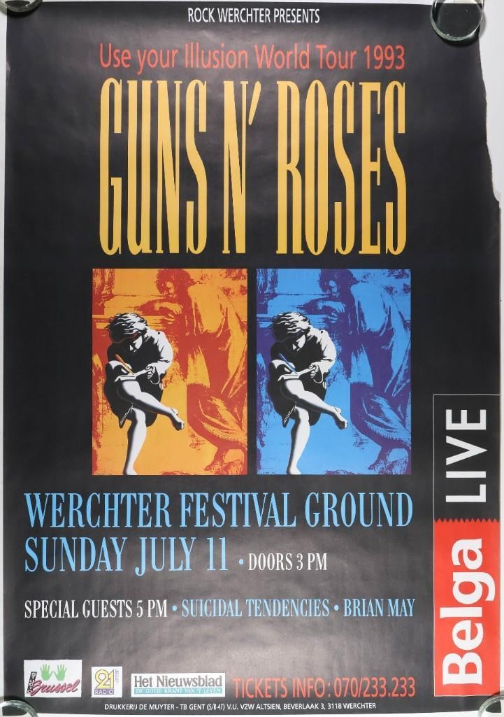 1993 Guns N Roses Werchter Festival Grounds Use Your Illusion Tour Poster Extra Fine 61: This European issue from July 1993 was produced for Guns N' Roses appearing at the Werchter Festival Grounds in Werchter, Belgium. The show was part of the Use Your Illusion Tour, which lasted from