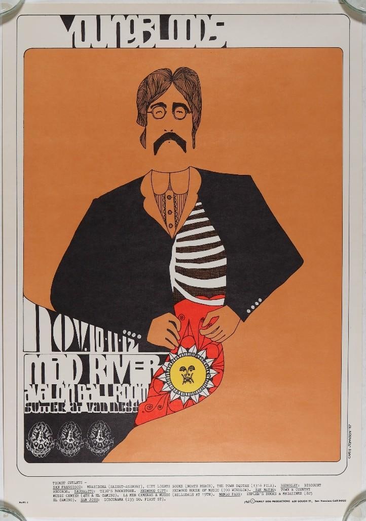 1967 FD-91 Youngbloods Mad River Avalon Ballroom Poster Near Mint 89: Classic family dog first-printing poster with a John Lennon likeness! It's amazing how affordable it is to acquire an original poster that is 55+ years old from the second year of the Avalon B
