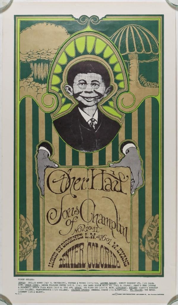 1967 FD-D11 The Other Half Sons of Champlin 1601 West Evans St Denver Poster Excellent 71: This poster is a wonderful collaboration between two legendary artists, Stanley Mouse and the late great Alton Kelley. The central image is an early drawing of the character who eventually was