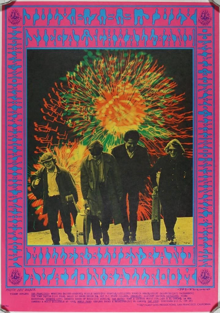 1967 FD-70 Steve Miller Blues Band Avalon Ballroom Poster Near Mint 87: This often-overlooked Family Dog Poster explodes with several shades of yellow, gray, blue, red, green, and black on a pink background. Named "Chicago Fire", this piece showcases some killer
