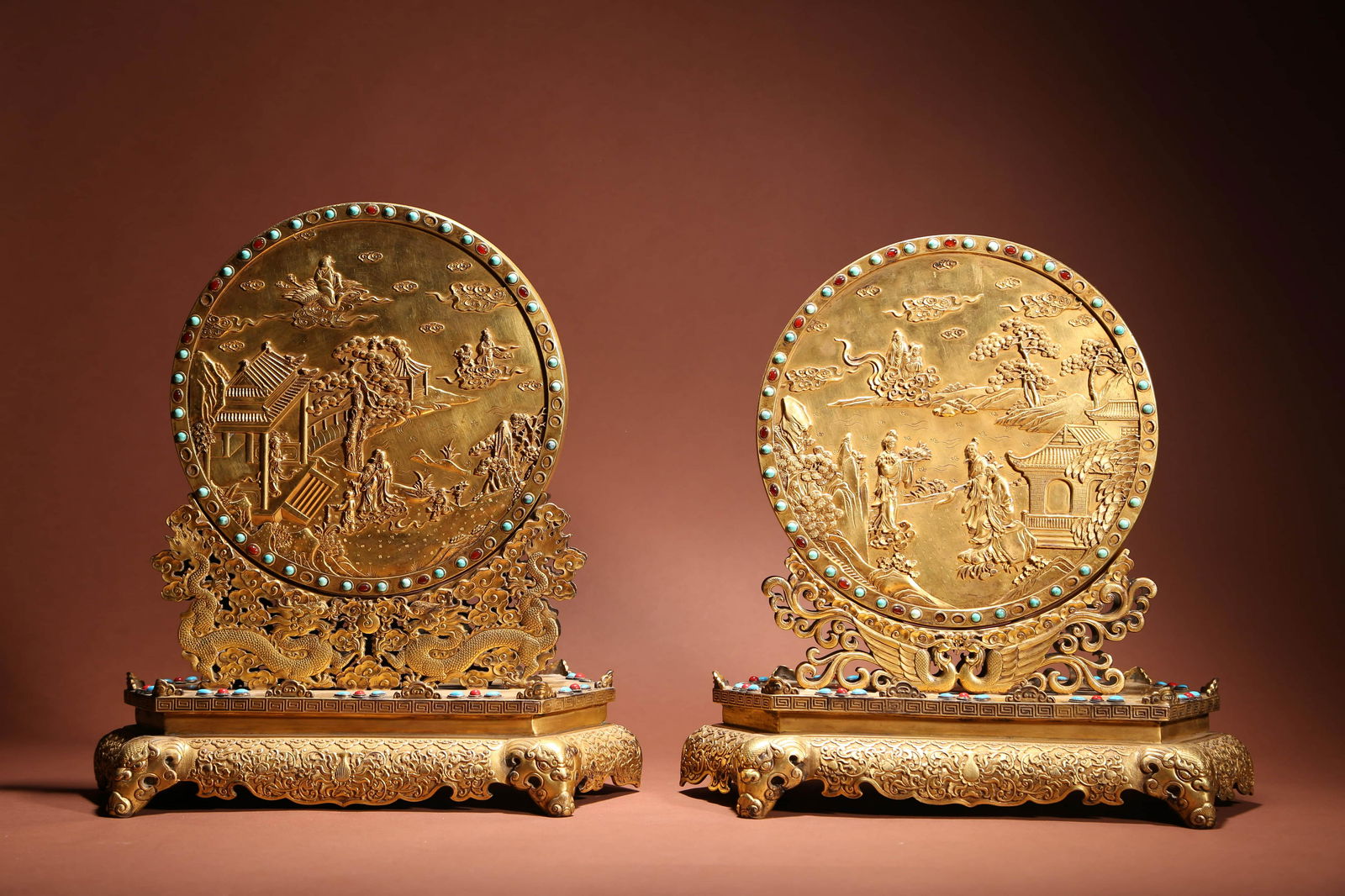 Pair of Hardstone Inlaid Gilt-Bronze Landscape Table Screens (1 of 15)