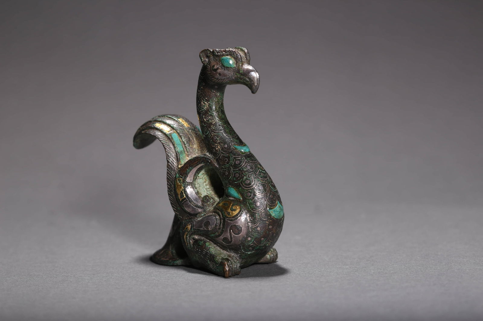 Turquoise, Gold and Silver Inlaid Bronze Bird Ornament (1 of 6)