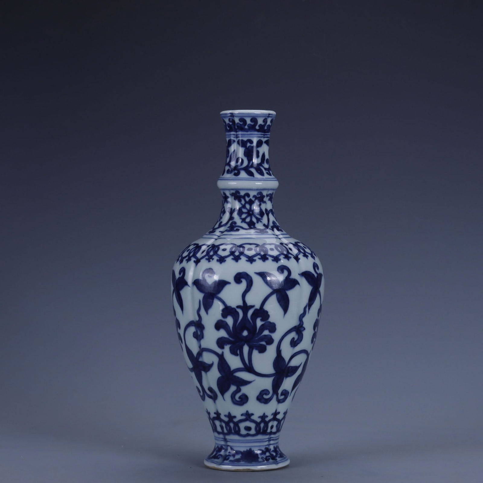 Blue and White Interlocking Lotus Melon-Ribbed Vase (1 of 8)