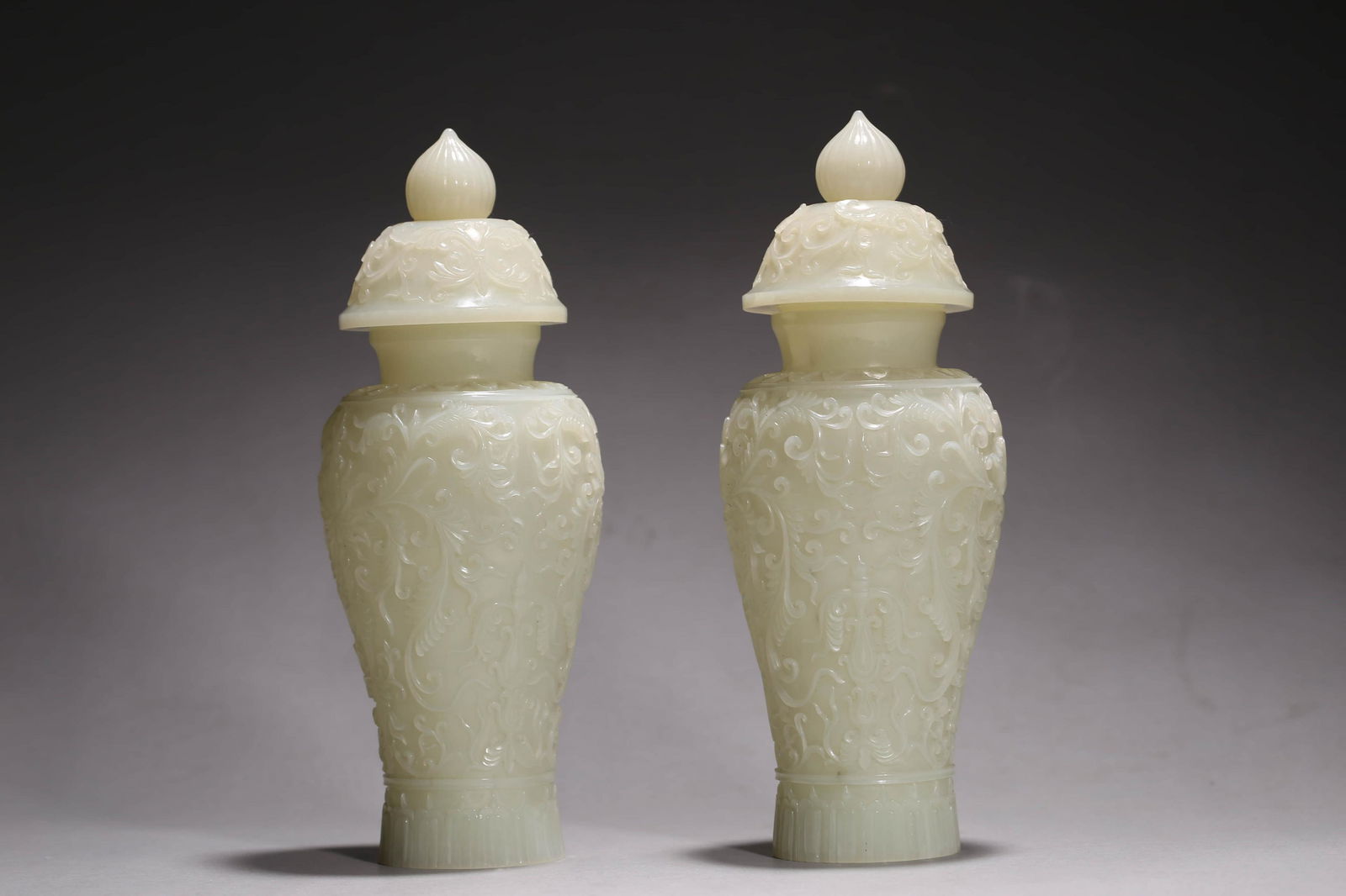 Pair of White Jade Interlocking Lotus Vases (1 of 7)