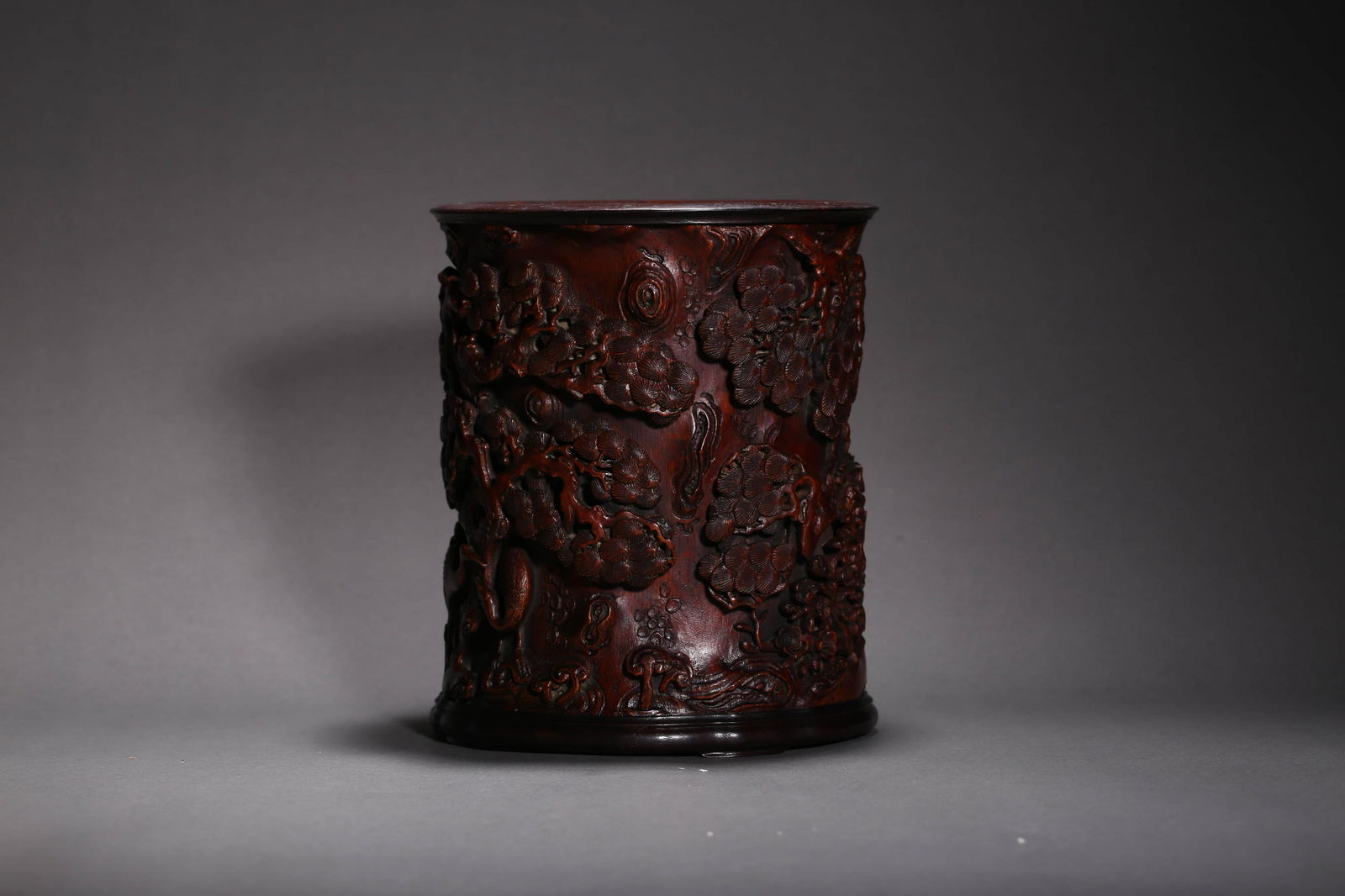 Rosewood Inlaid Sandalwood Crane and Pine Brush Pot (1 of 6)