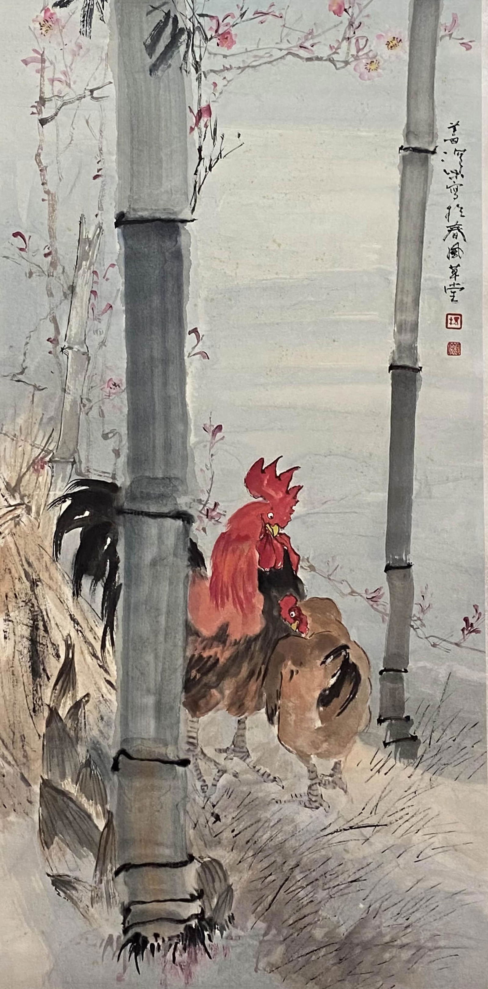 Chinese Flower and Bird Paper Painting Scroll, Yang Shanshen Mark (1 of 9)