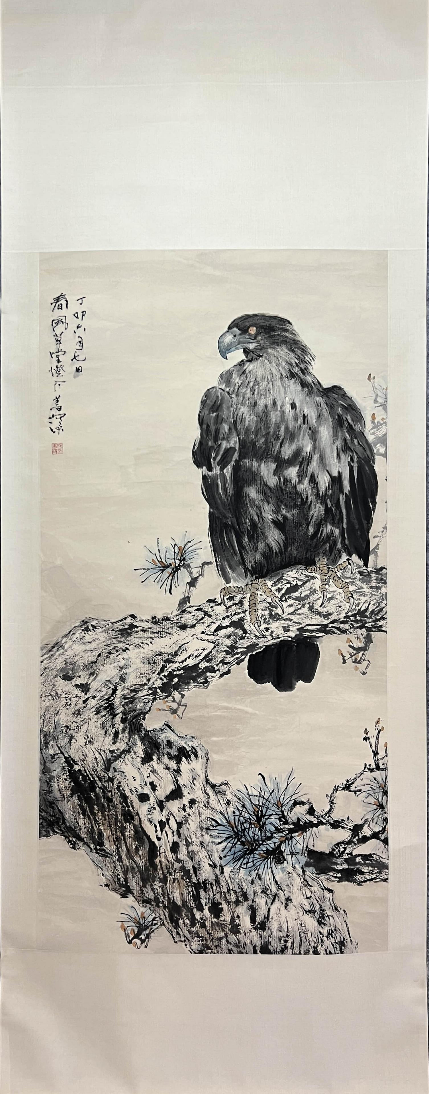 Chinese Eagle Paper Painting Scroll, Yang Shanshen Mark (1 of 9)